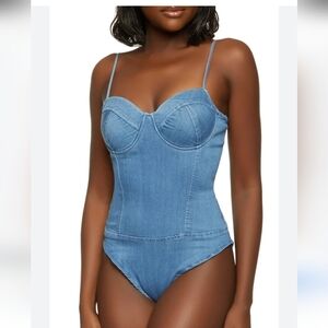 HAUTE MONDE Sweetheart denim bustier bodysuit. Medium Blue. Size Med